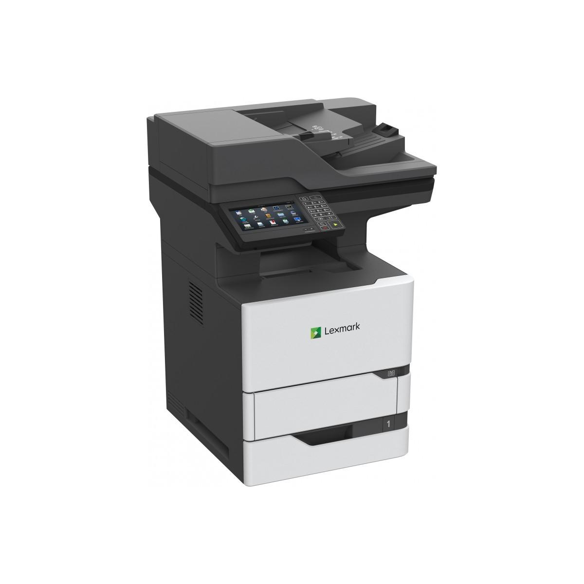 Una stampante Lexmark con touchscreen e vassoio carta su sfondo bianco.