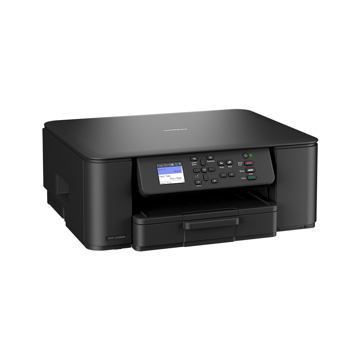 Een zwarte Brother DCP-J1310DW multifunctionele printer met display en knoppen.