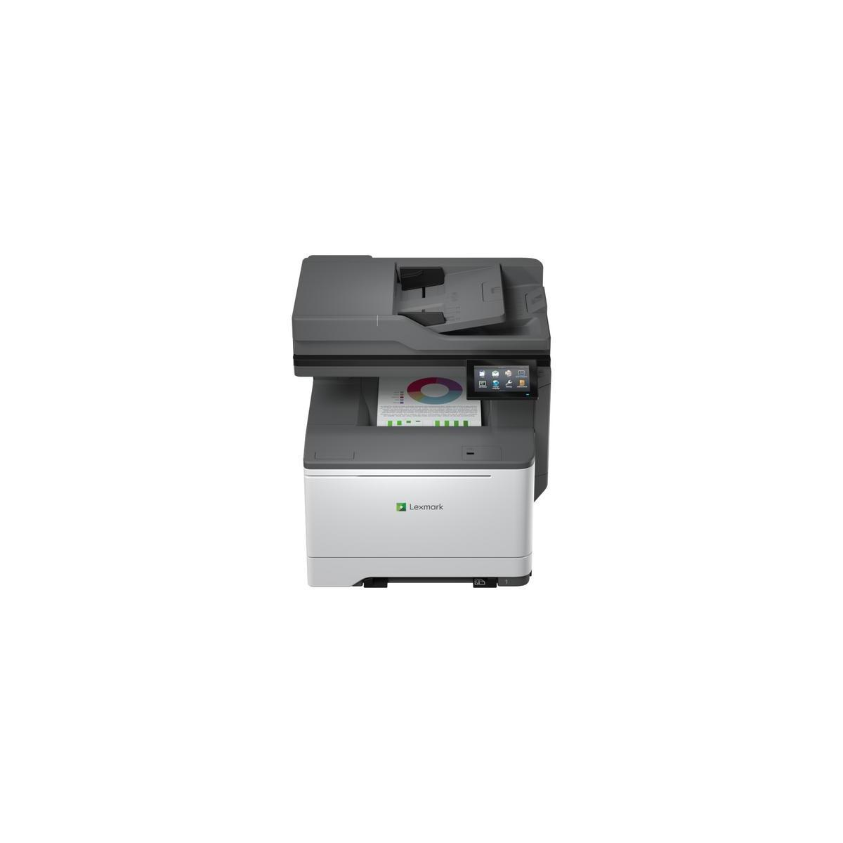 Drukarka Lexmark z ekranem dotykowym i włożonym dokumentem.