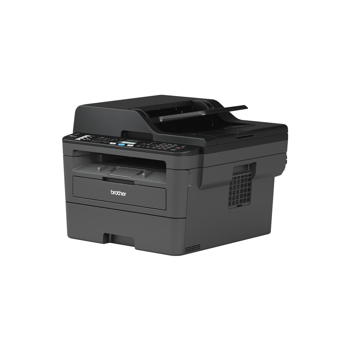 Una stampante laser Brother nera con scanner e copiatrice su sfondo bianco.
