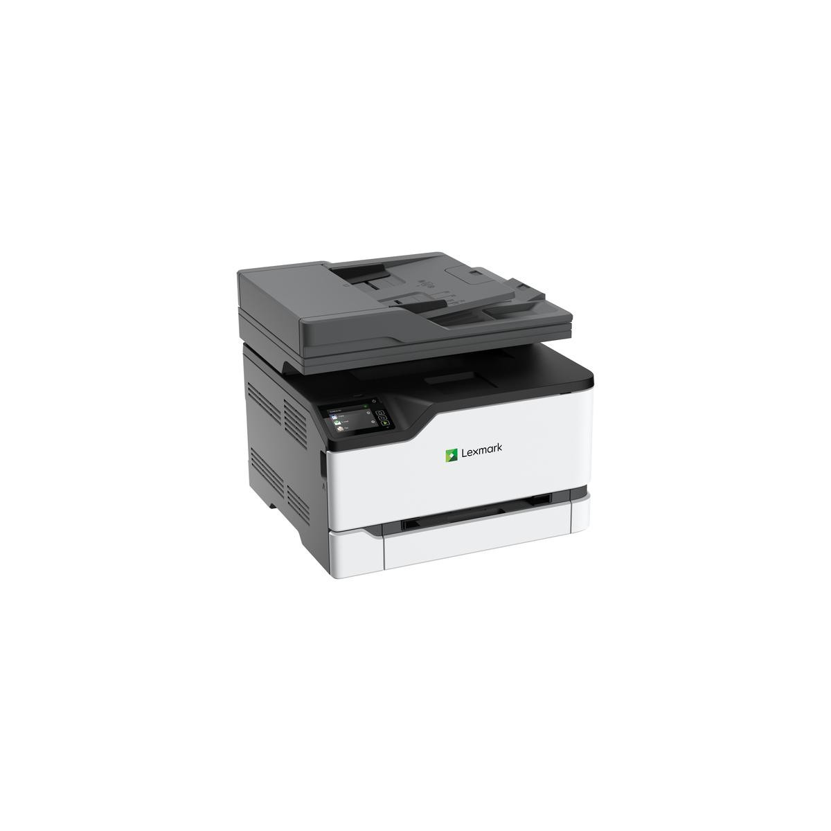 Una stampante multifunzione Lexmark, bianco e nero, su sfondo bianco.