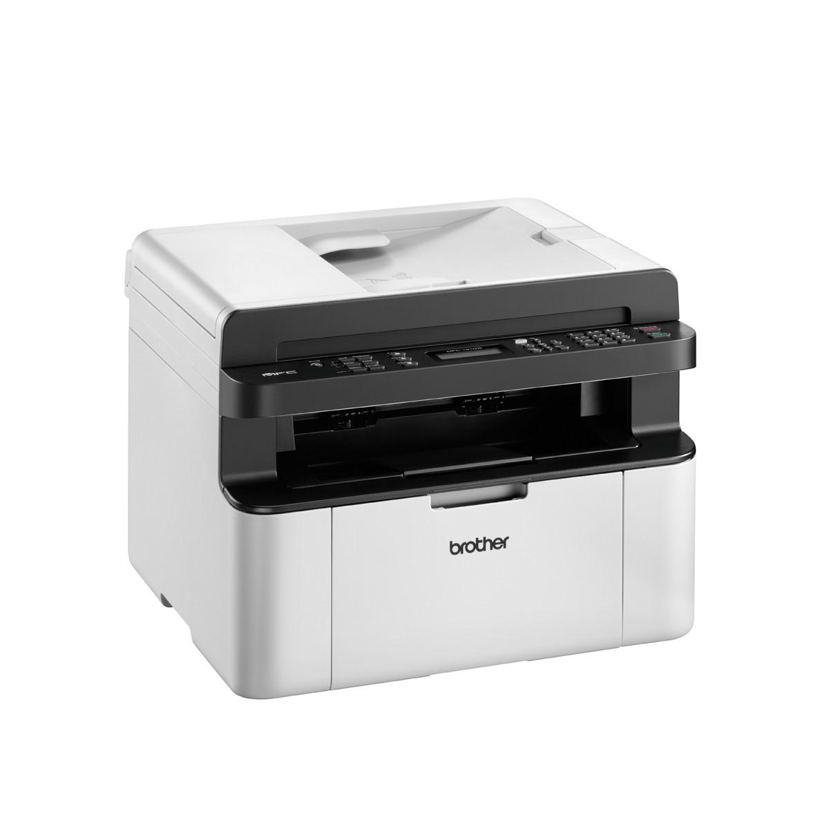 Una stampante laser Brother bianca e nera con scanner e copiatrice su sfondo bianco.