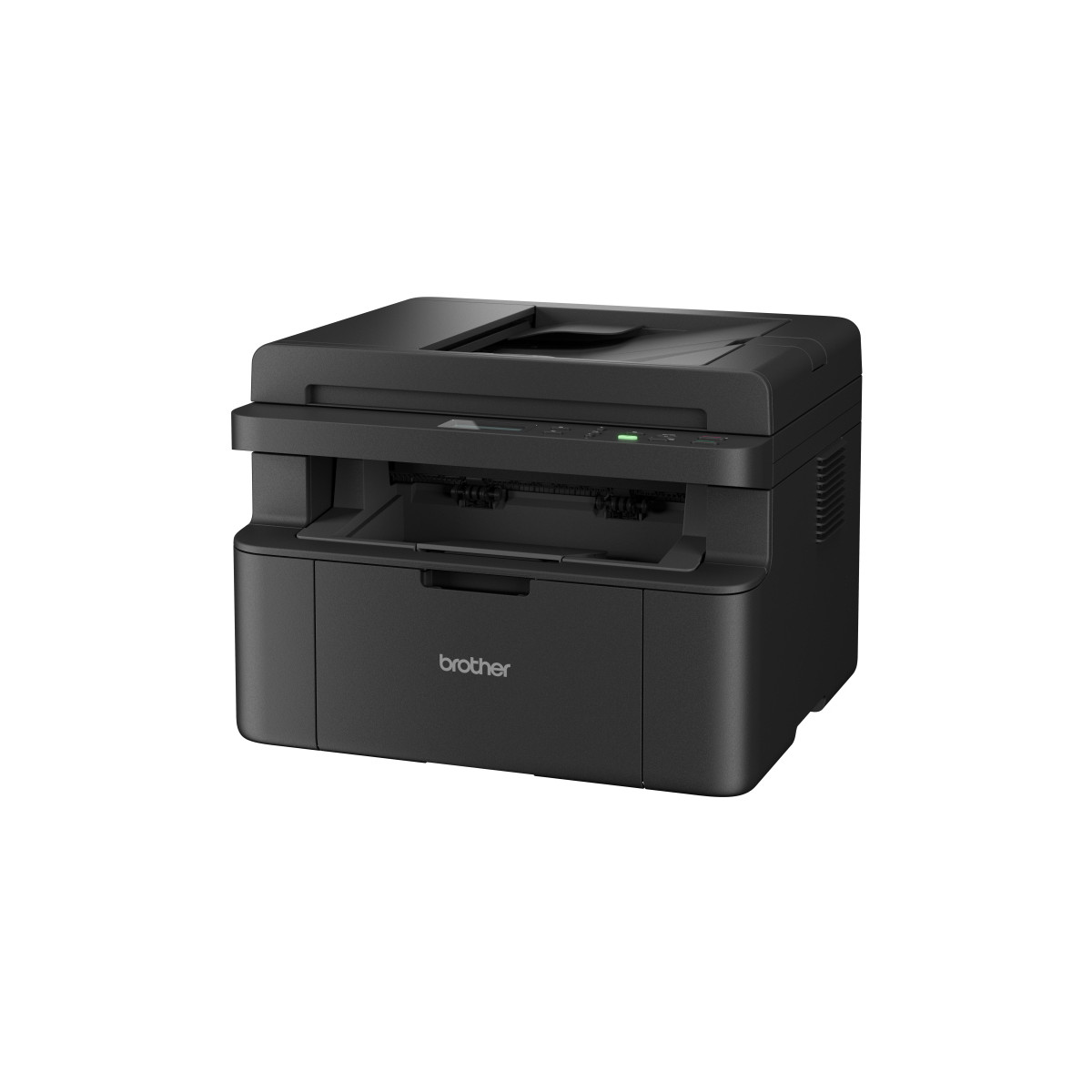 Schwarzer Brother Drucker mit Scanner und Kopierer, auf weißem Hintergrund.