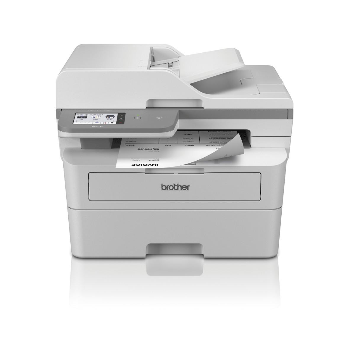 A white Brother printer with a printed invoice peeking out from the slot.