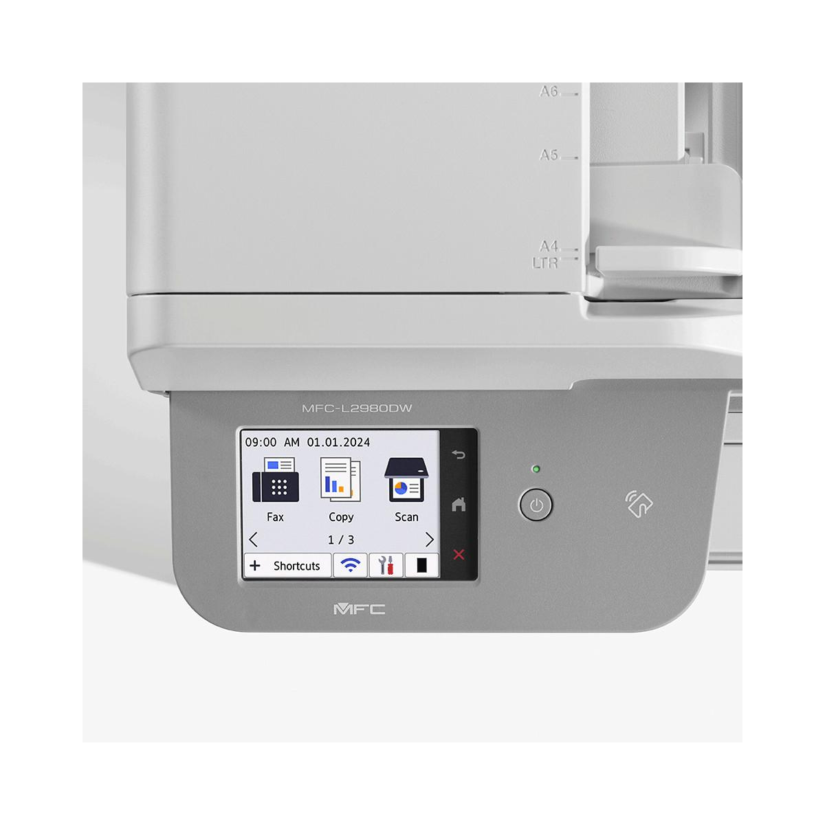 A multifunction printer with a touchscreen menu showing Fax, Copy, and Scan options.
