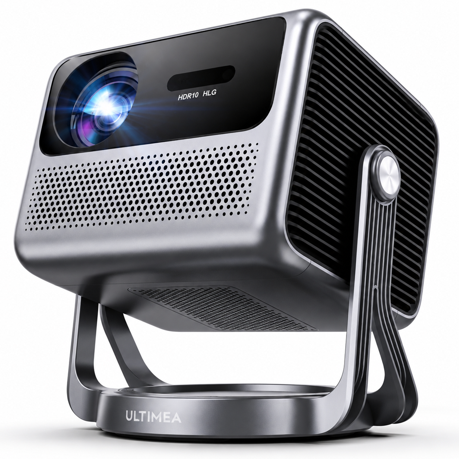 A silver ULTIMEA projector with a bright lens, HDR10 HL G text, and a sleek stand.