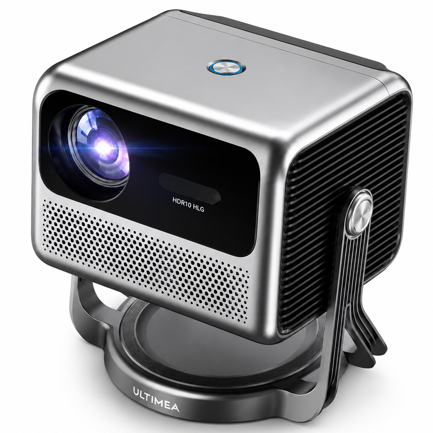 A silver projector with HDR10 HLG text sits on a dark stand.