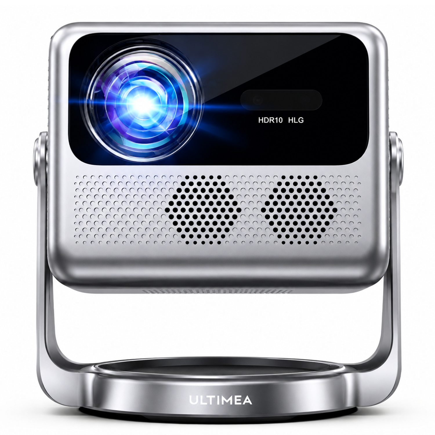 Un proyector plateado con una lente brillante y rejillas de altavoz.