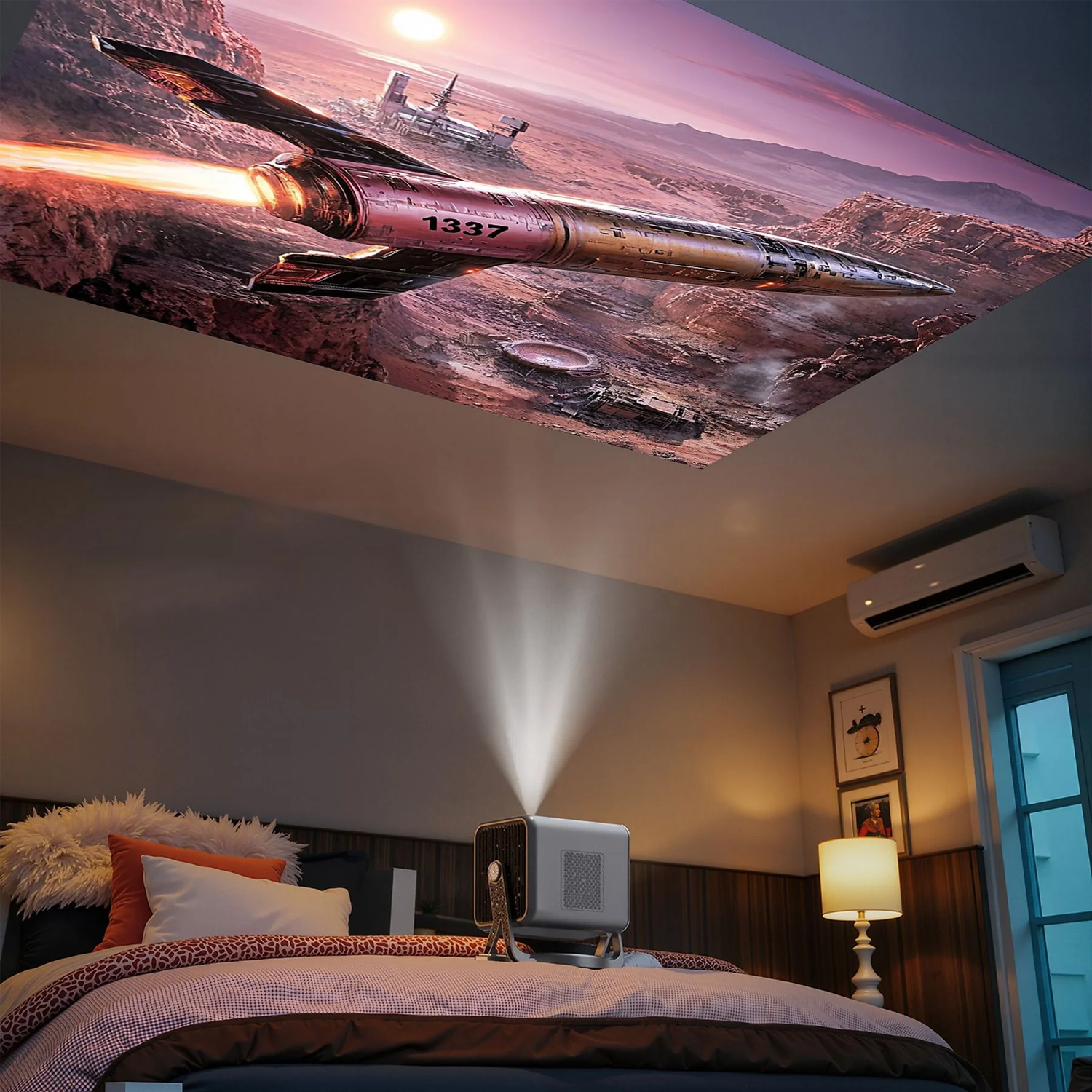 A projector casts a spaceship image onto a ceiling in a bedroom.