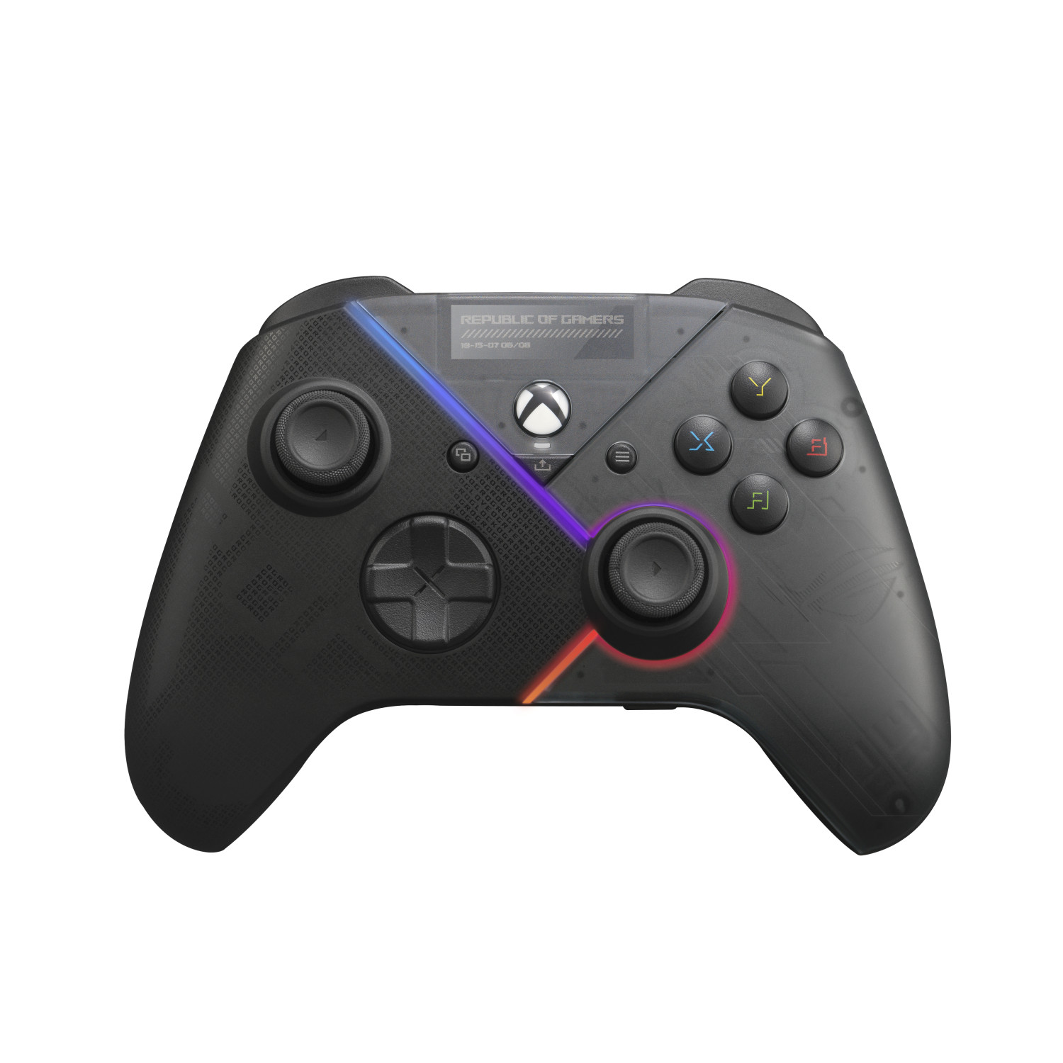 Manette de jeu noire avec éclairage RVB et logo "Republic of Gamers".