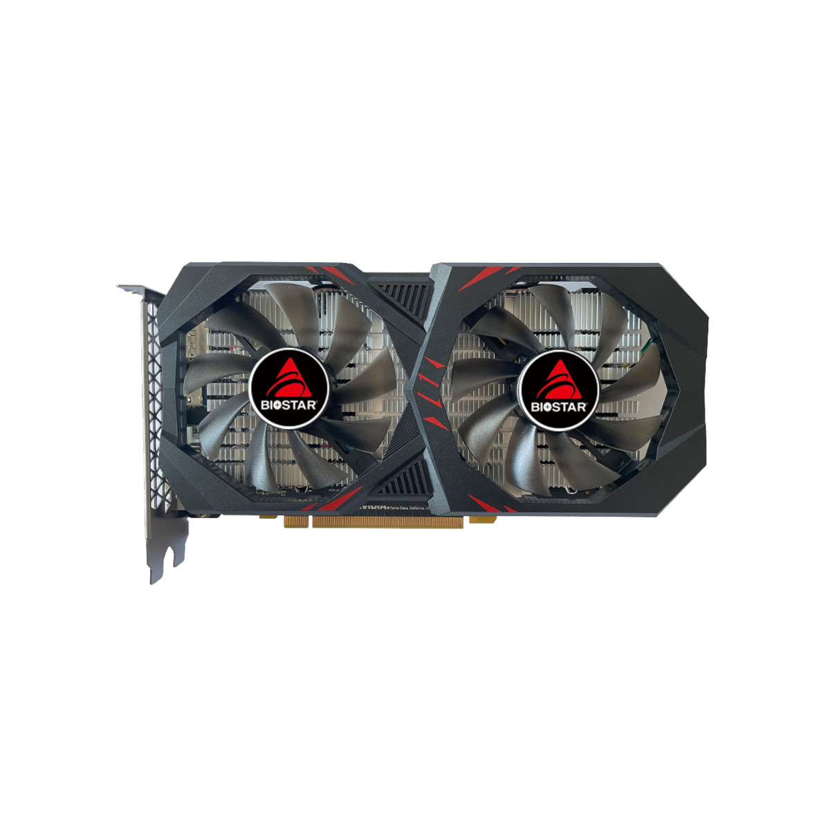 Zwarte grafische kaart met twee ventilatoren en rood Biostar-logo.