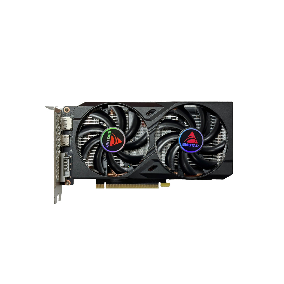 Zwarte Biostar grafische kaart met twee ventilatoren en RGB-verlichting.