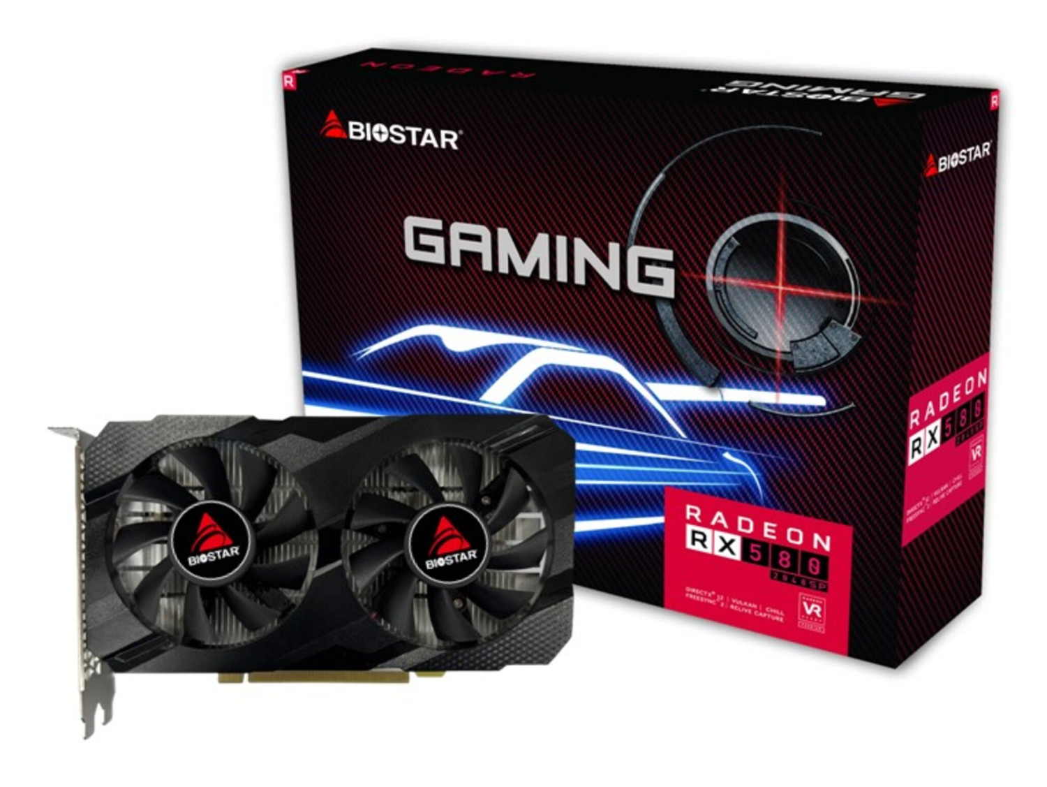 Karta graficzna i pudełko z oznaczeniem AMD Radeon RX 580.