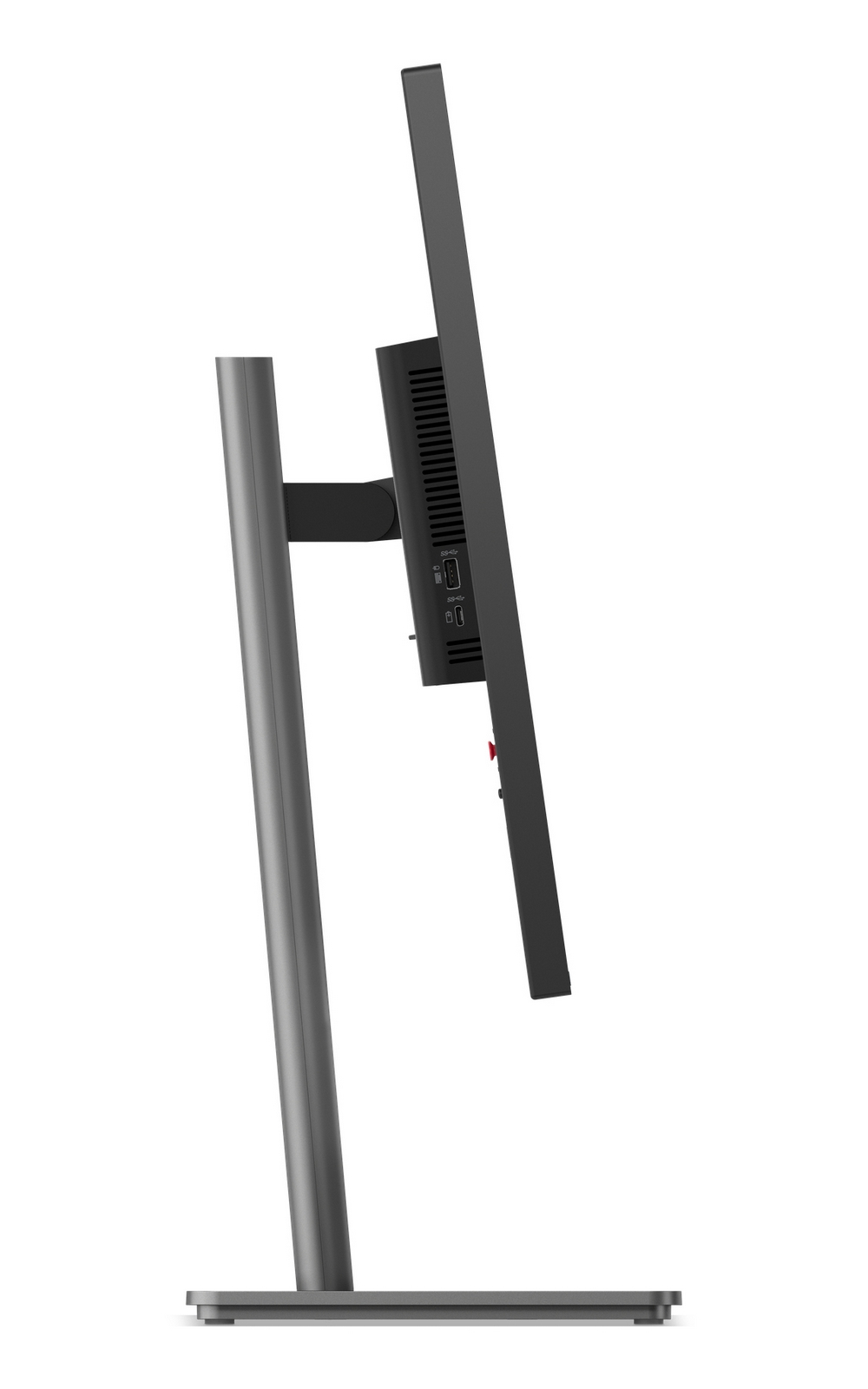 Un monitor scuro su un supporto grigio, mostrato di lato.