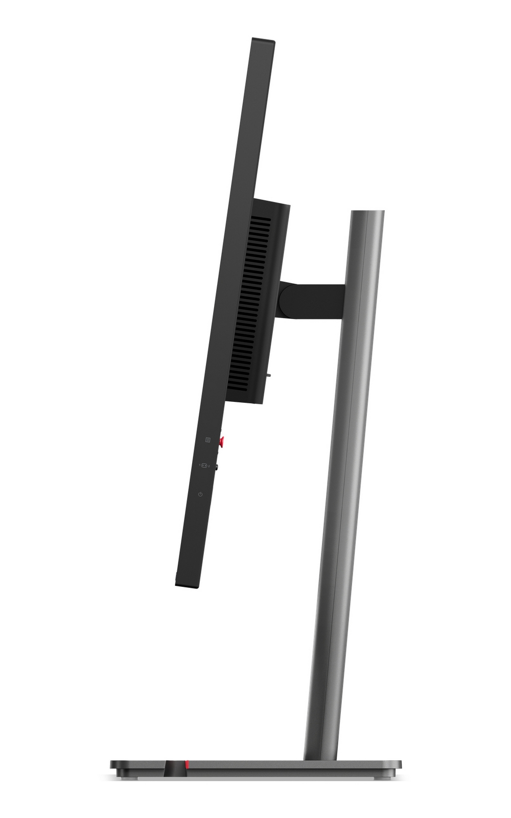 Monitor nero su supporto argentato, visto di lato. Sono visibili fessure di ventilazione.
