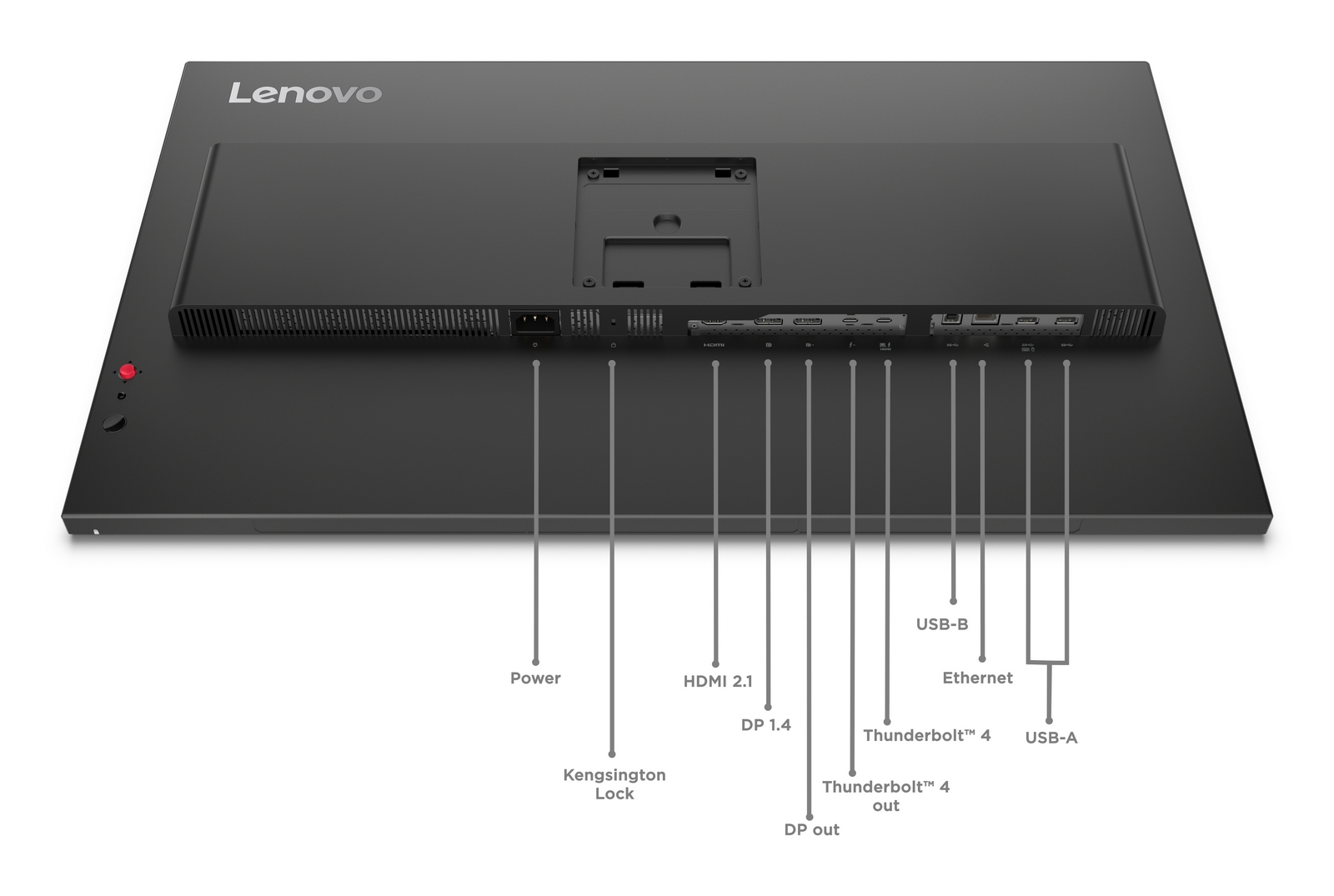 Rückseite eines schwarzen Lenovo Monitors mit Anschlüssen: Strom, Kensington, HDMI, DP, USB-B, Ethernet, Thunderbolt.