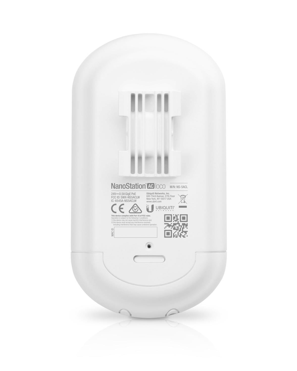 A white NanoStation AC Loco device with labels and barcodes on the back.