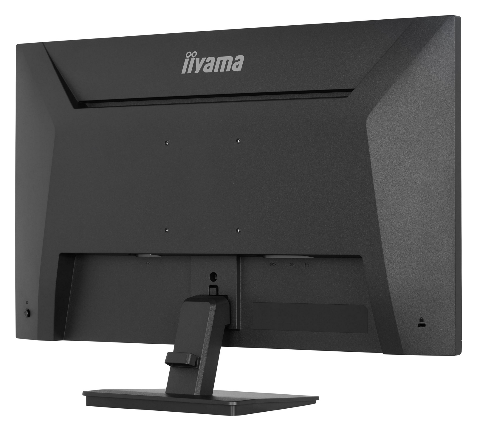 Achterkant van een zwarte iiyama monitor met standaard en poorten.