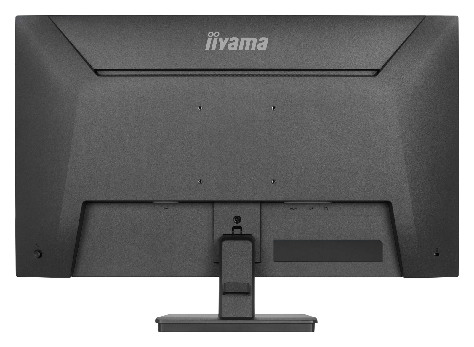 Achterkant van een zwarte iiyama monitor met poorten en standaard.