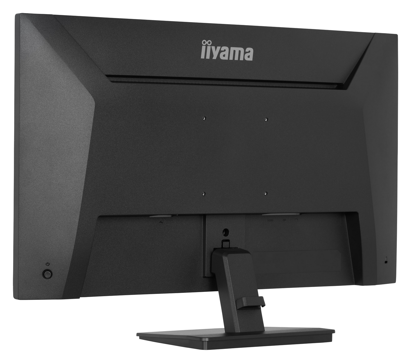 Achterkant van een zwarte monitor met Iiyama-logo en poorten.