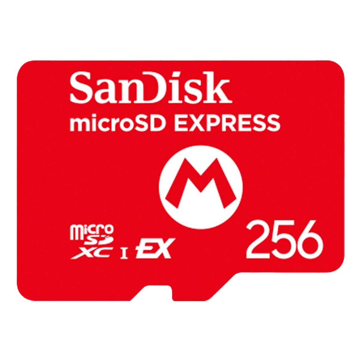Scheda di memoria SanDisk microSD Express rossa con logo "M" bianco e 256 GB.
