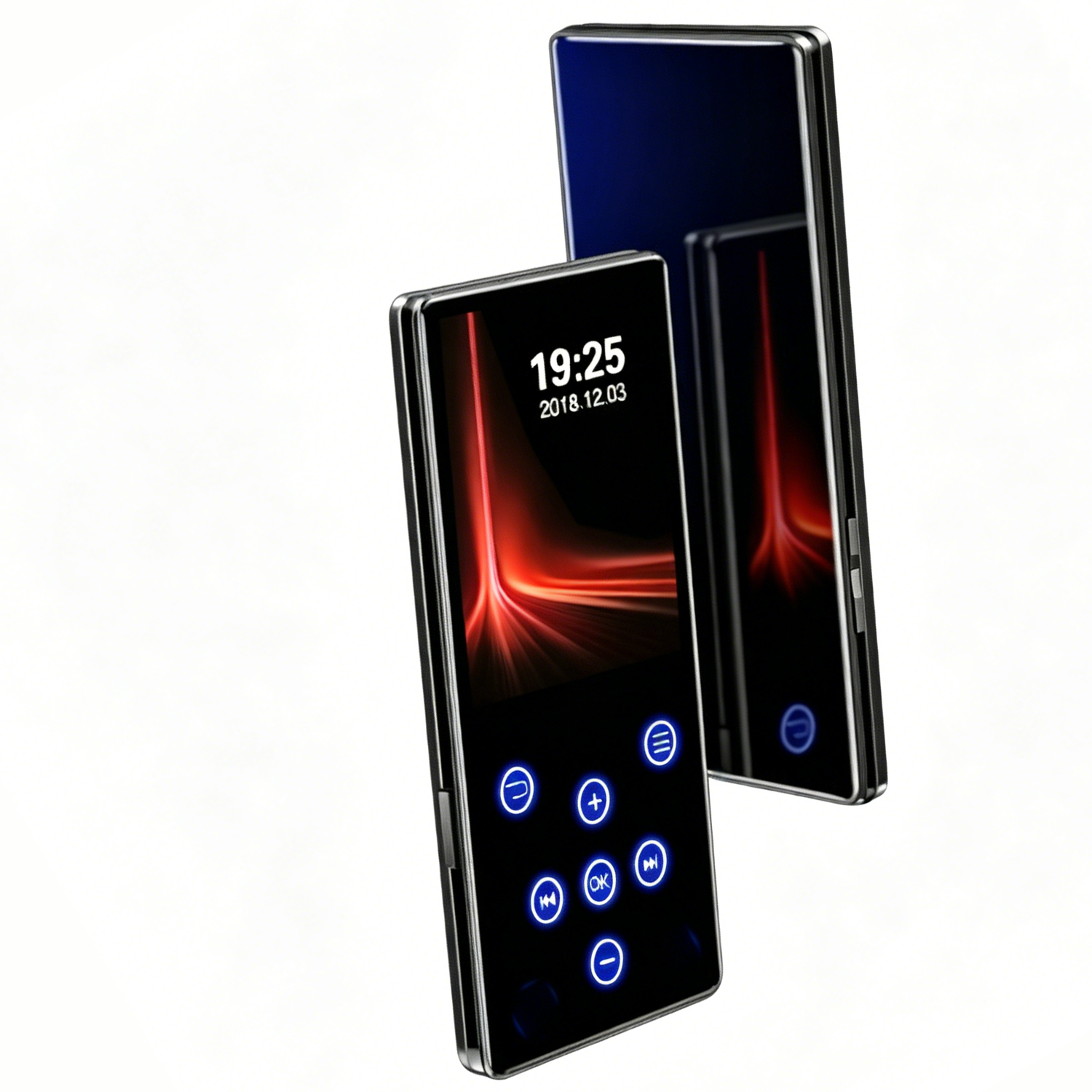Zwei schwarze digitale Musikplayer mit leuchtenden roten Akzenten auf den Bildschirmen.