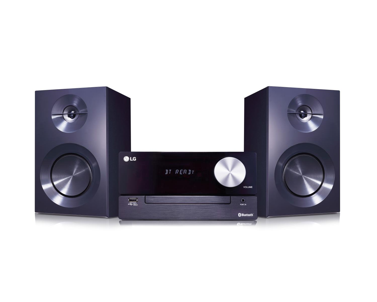 Un sistema estéreo LG negro con dos altavoces y una unidad receptora central.
