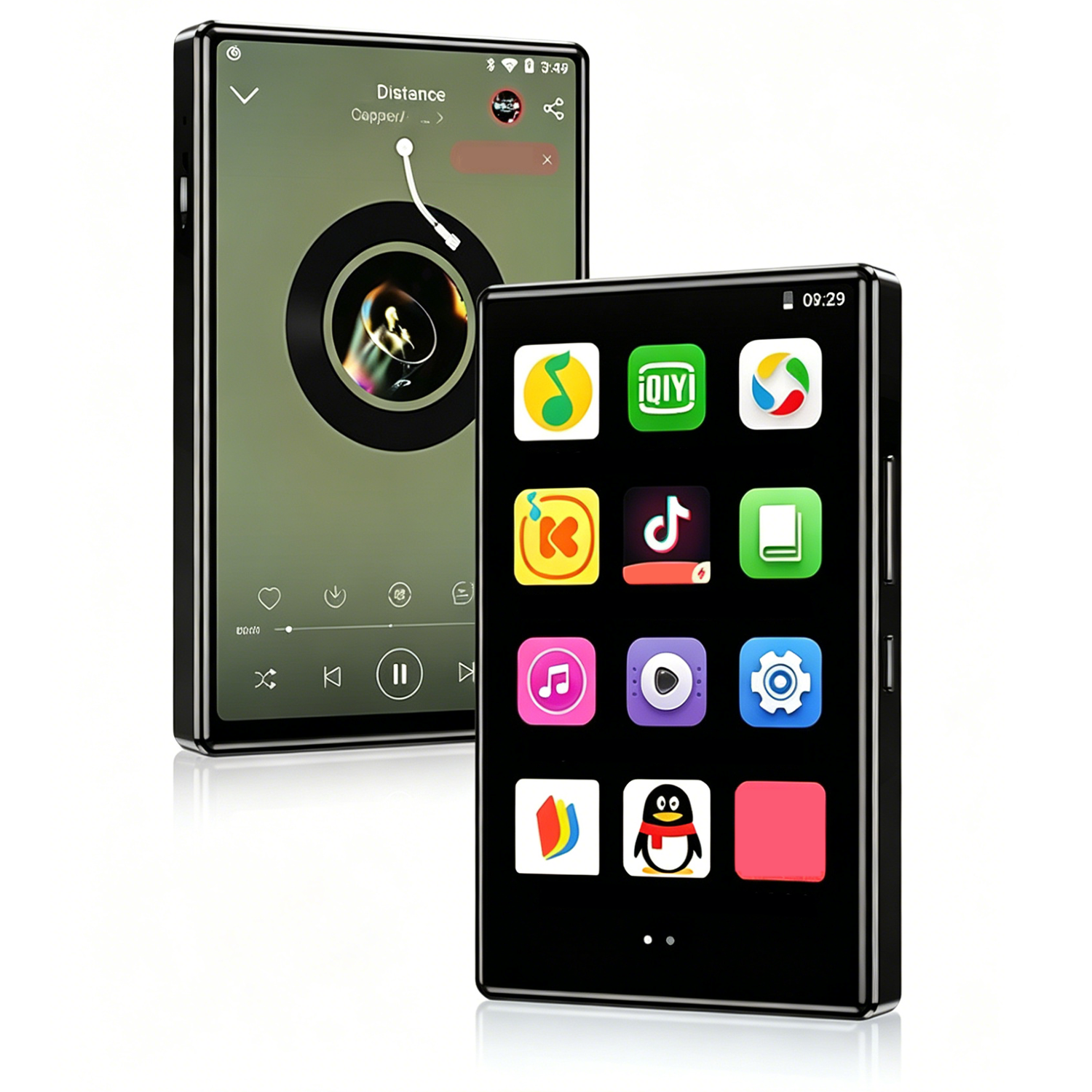 Zwei schwarze Musikplayer mit Touchscreen-Oberfläche, einer zeigt eine Schallplatte.