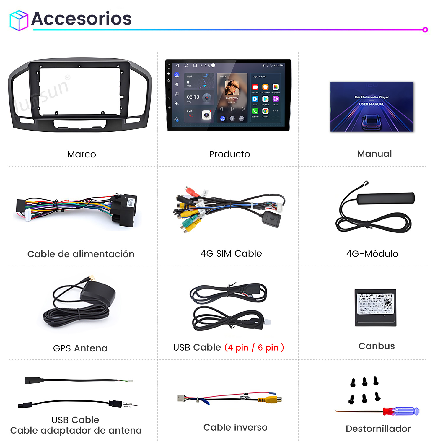 Imágenes de accesorios para coche: marco, pantalla, manual, cables, antena y herramientas.