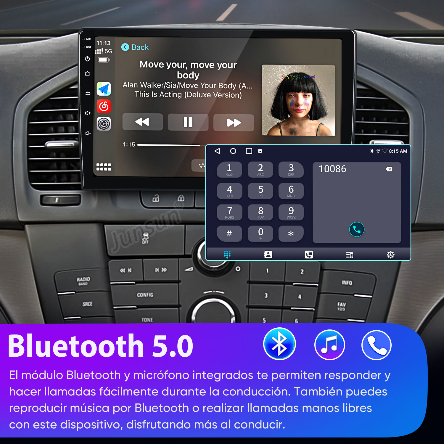 Sistema de infoentretenimiento del coche mostrando música y teclado.