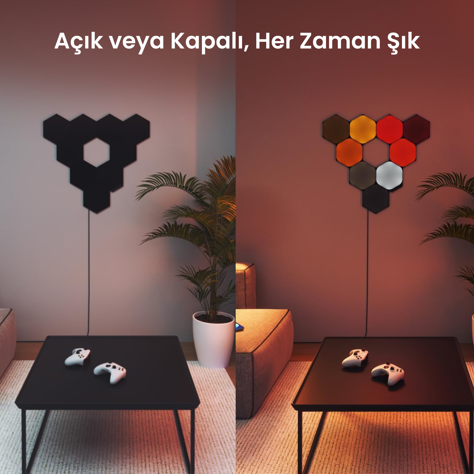 Bölünmüş görüntüde altıgen ışıklı duvar, solda siyah, sağda renkli. Önünde kontrolcülü masa.