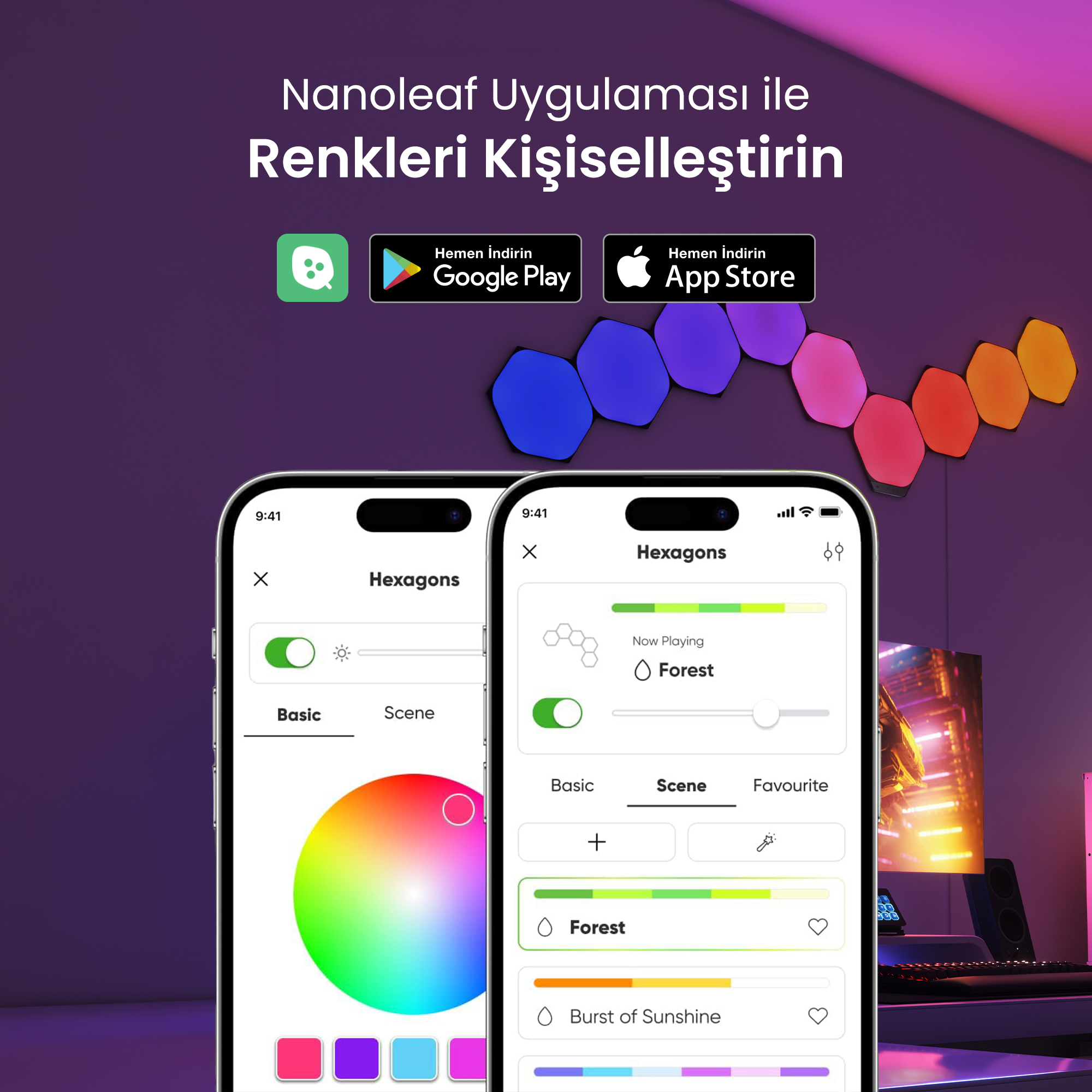 Nanoleaf uygulaması iki telefonda altıgen ışıkları ve kontrolleri gösteriyor.