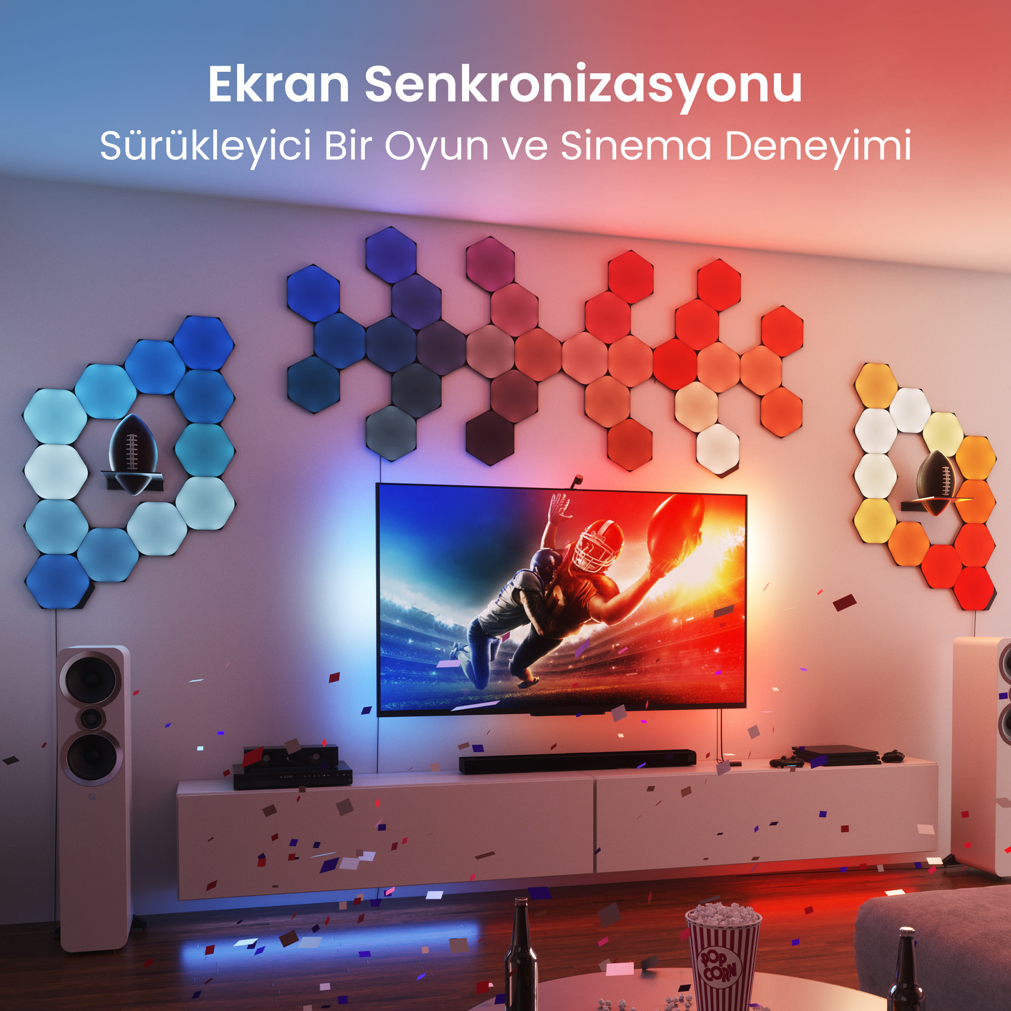 Altıgen ışıklar, futbol maçı gösteren TV, hoparlörler ve konfetinin olduğu oturma odası.