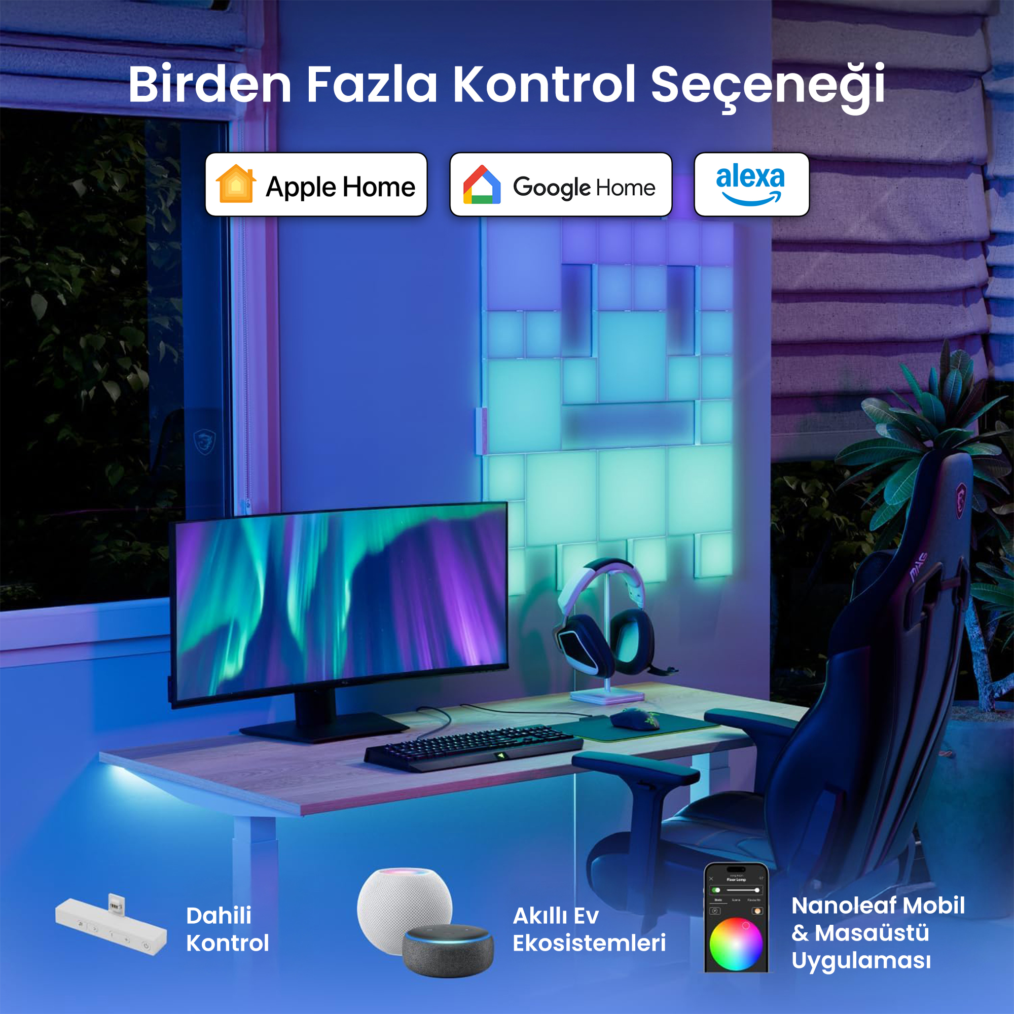 Una scrivania con monitor, tastiera, cuffie e sedia da gaming. Luci Nanoleaf illuminano la parete.