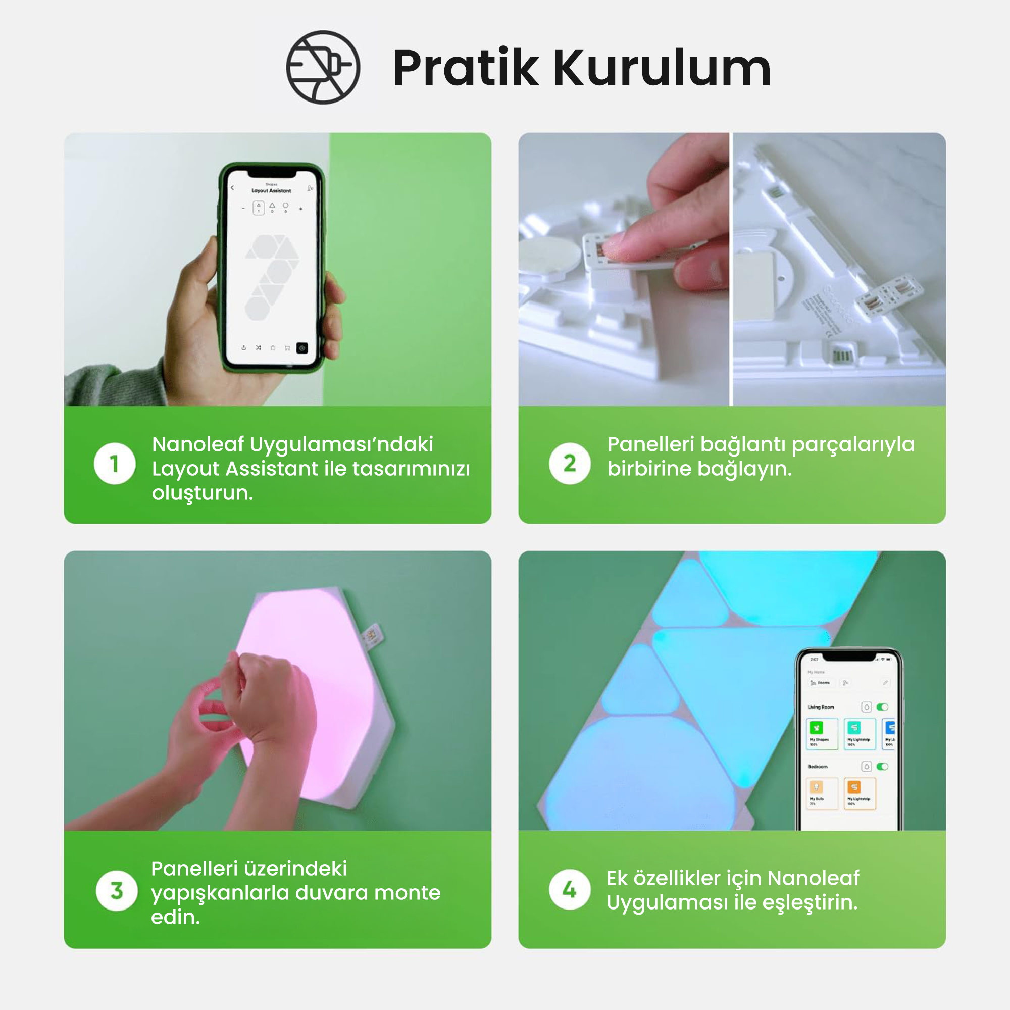 Configurazione Nanoleaf: Progetta nell'app, collega pannelli, monta, associa.