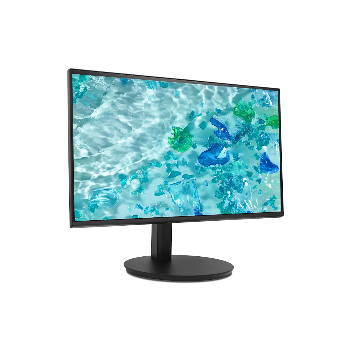 Un monitor nero mostra un'immagine di vetro blu e verde nell'acqua.