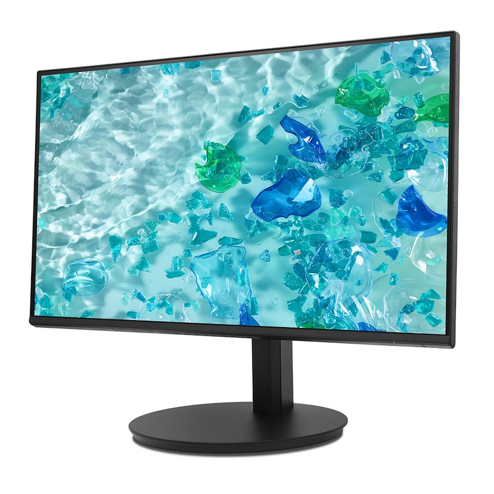 Un monitor nero con uno sfondo astratto blu e verde di forme spezzate.