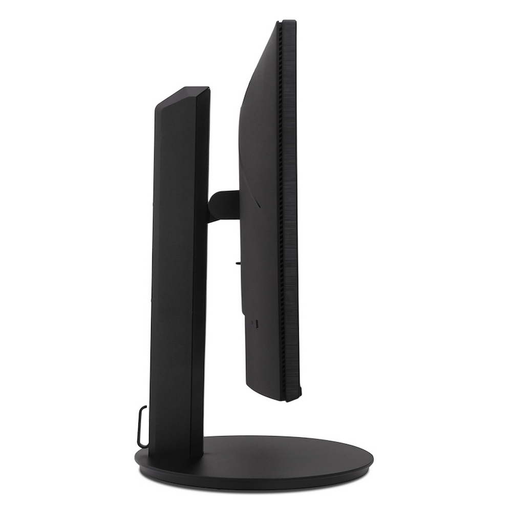 Monitor nero visto di lato, con supporto, su sfondo bianco.