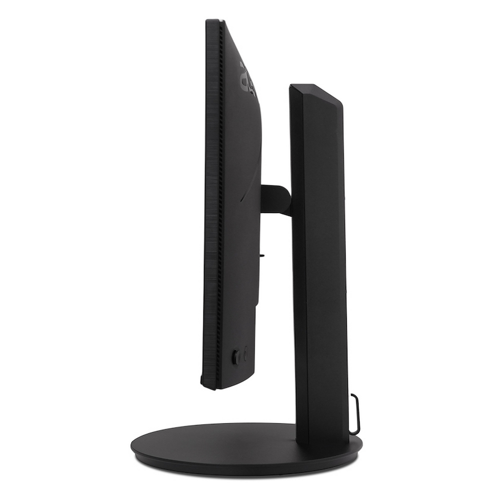 Monitor nero con supporto, vista laterale.