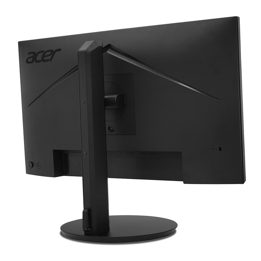 Vista posteriore di un monitor Acer nero con supporto rotondo e porte.