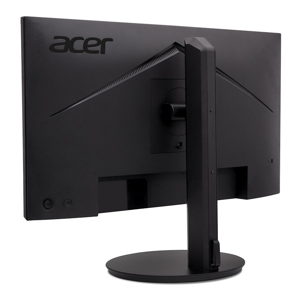 Vista posteriore di un monitor Acer nero con supporto rotondo su sfondo bianco.
