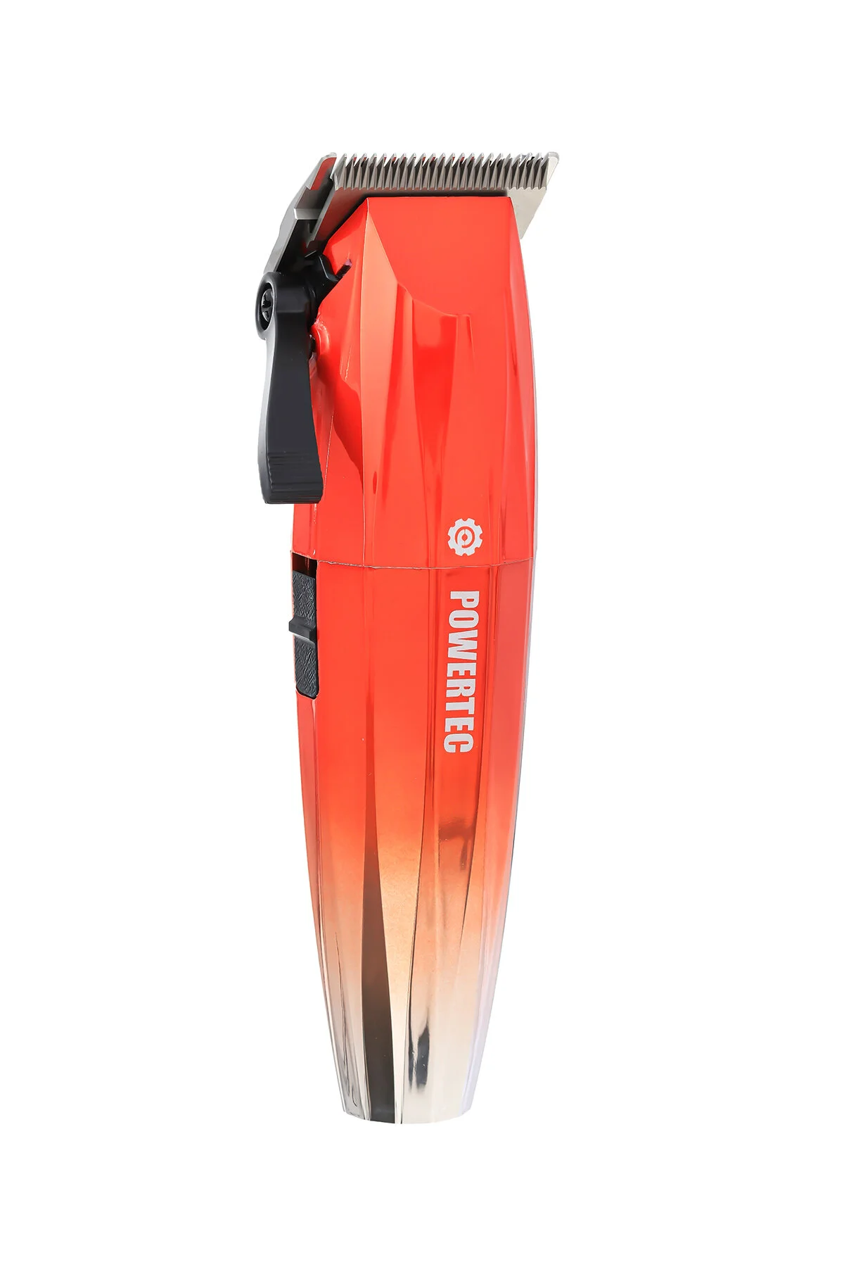 Gümüş aksanlı ve POWERTEC logolu parlak turuncu saç kesme makinesi.