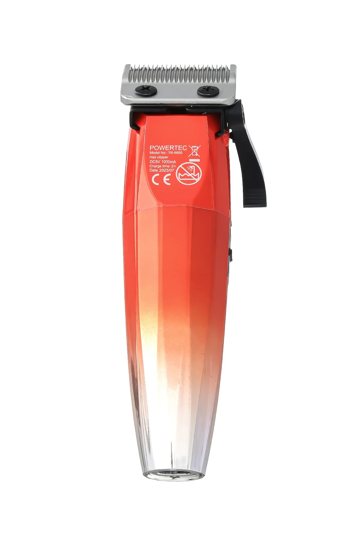 Gümüş bıçaklı kırmızı ve şeffaf Powertec saç kesme makinesi. Model TR-8800.