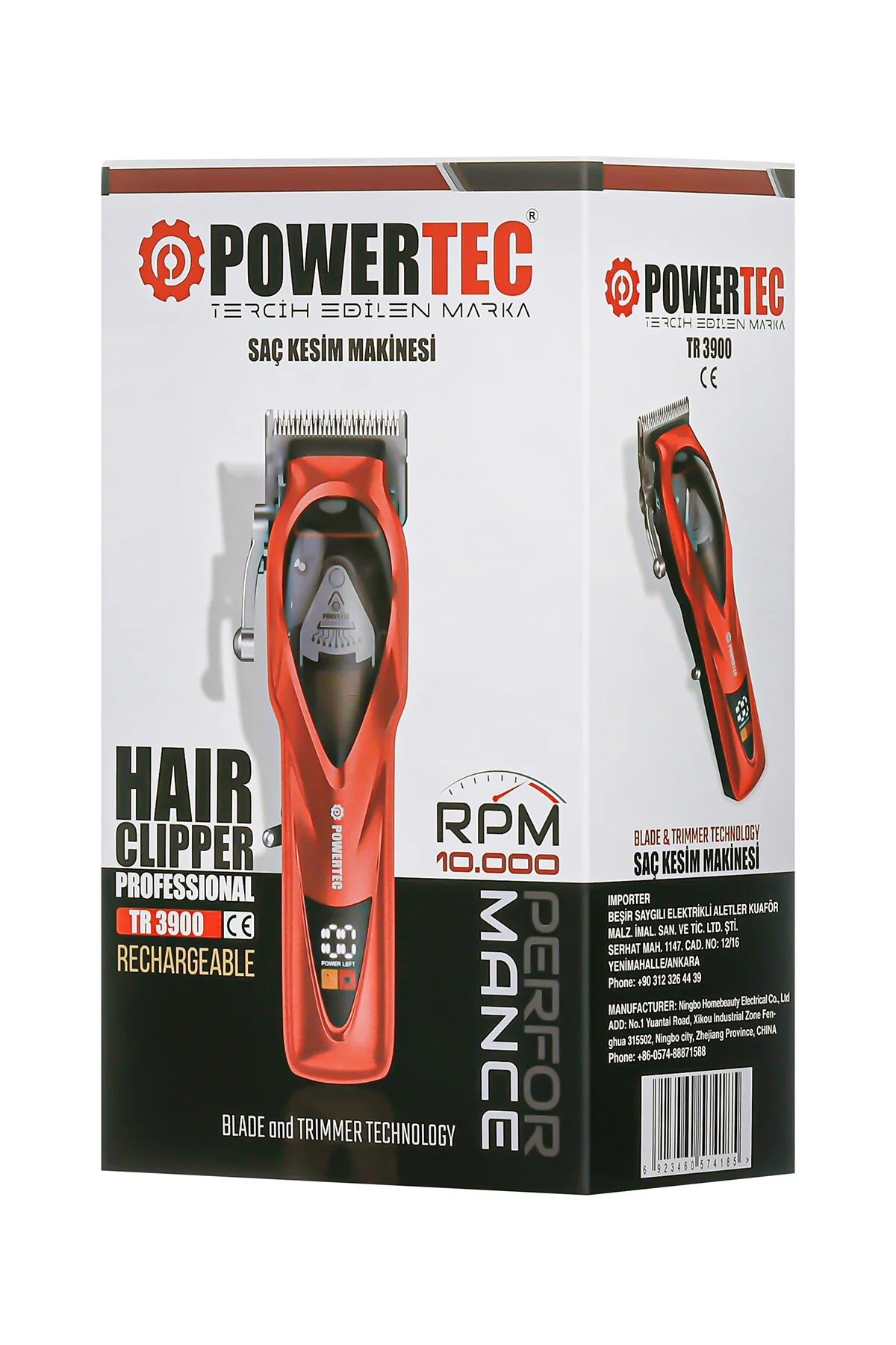 Dijital ekranlı ve 10.000 RPM'li kırmızı ve siyah Powertec saç kesme makinesi.