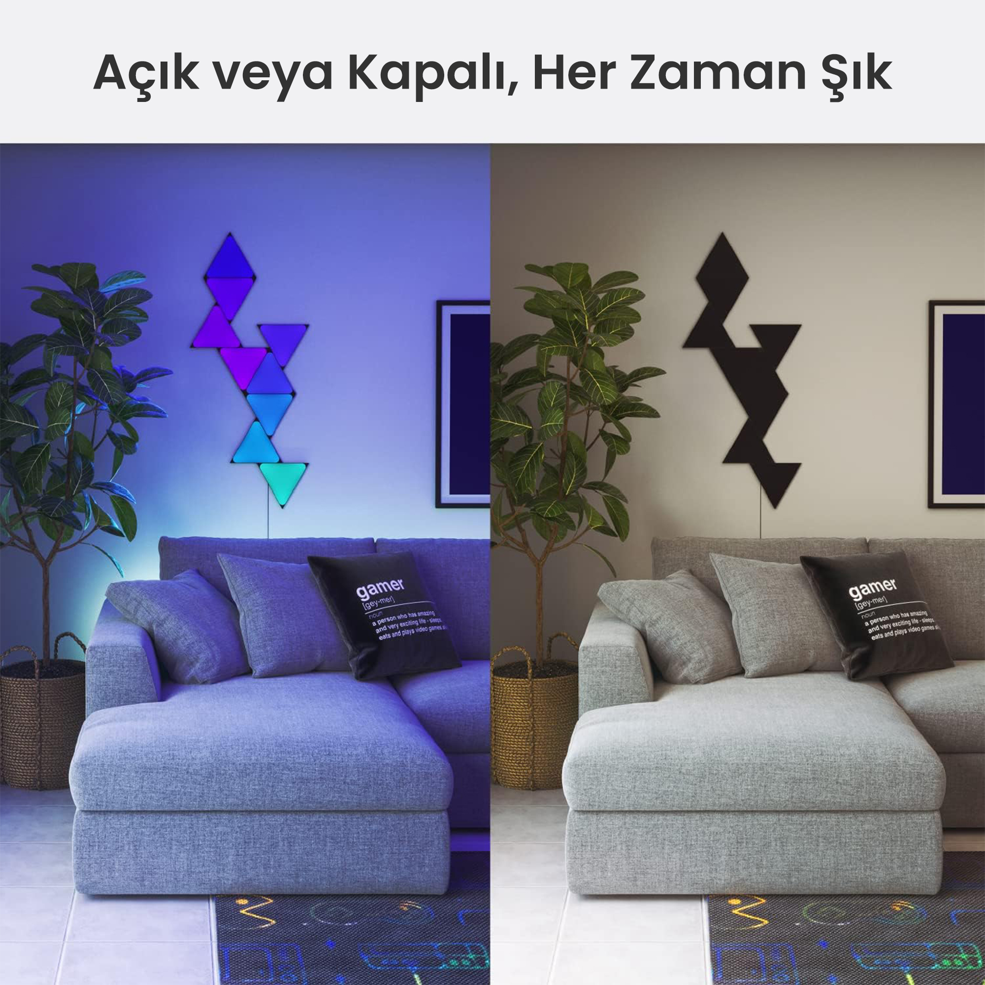 Sol tarafta renkli, sağ tarafta siyah üçgenli gri koltuk.