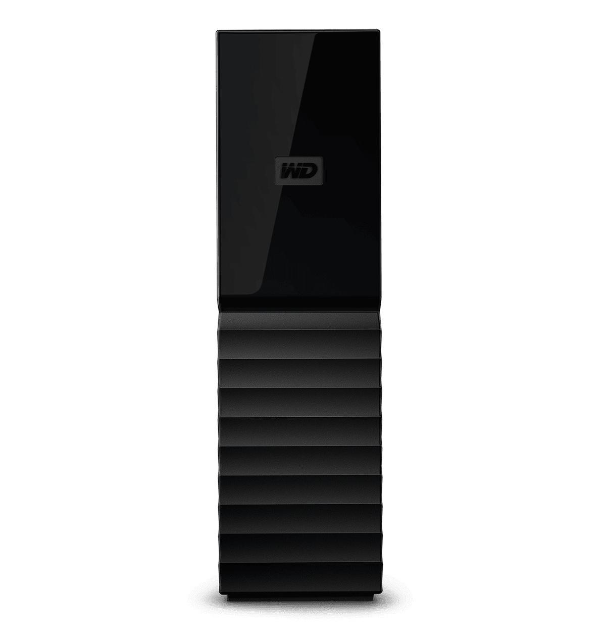 A black WD My Passport external drive with a ribbed design.