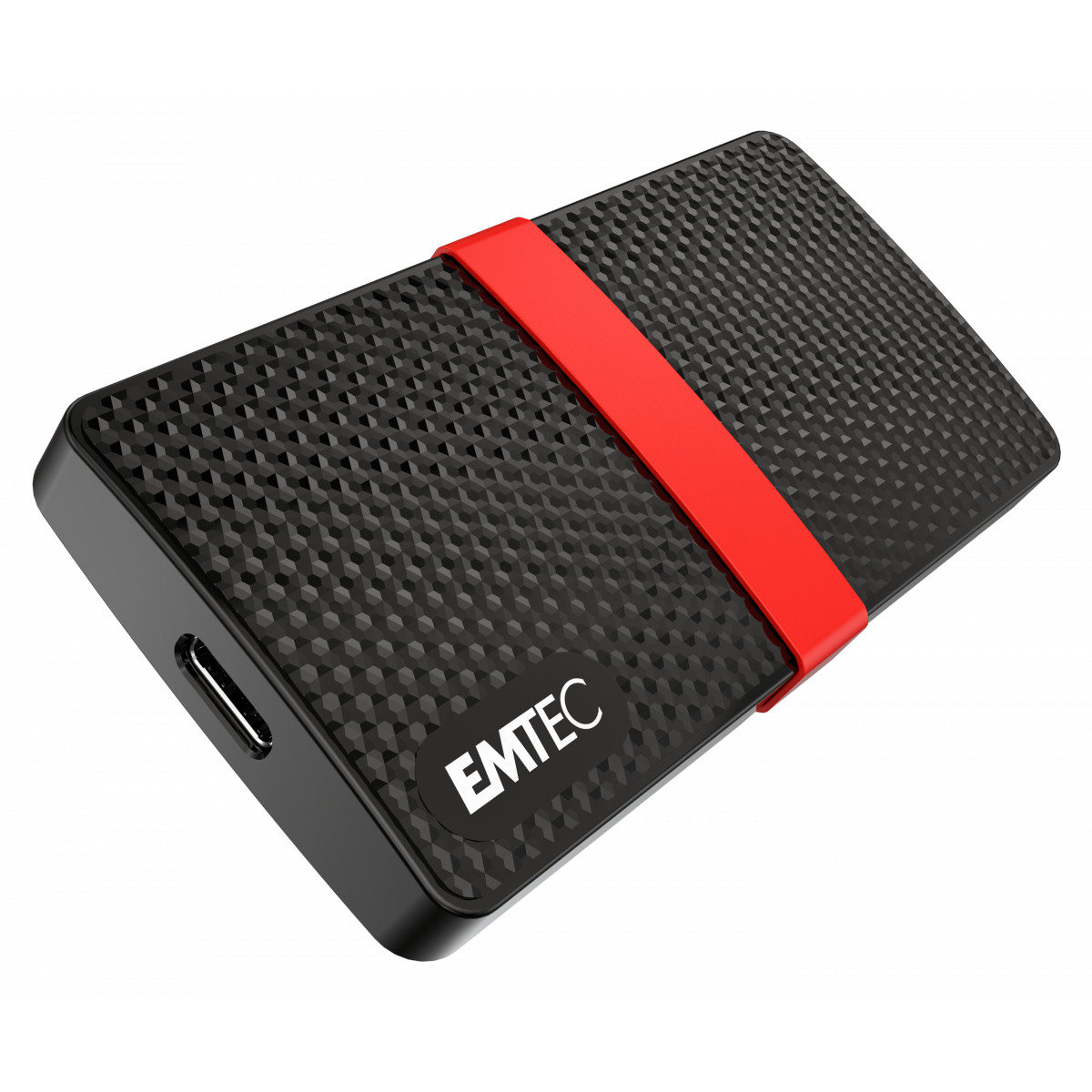 A black textured external drive with a red band and USB-C port.