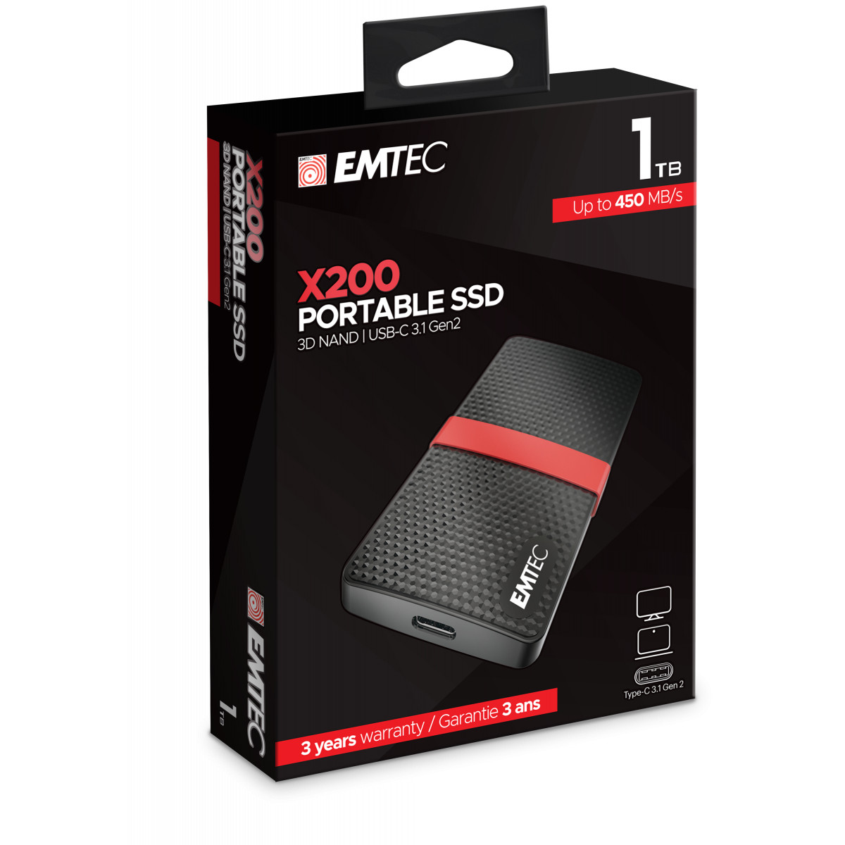 Black EMTEC X200 1TB portable SSD packaging with a red band.