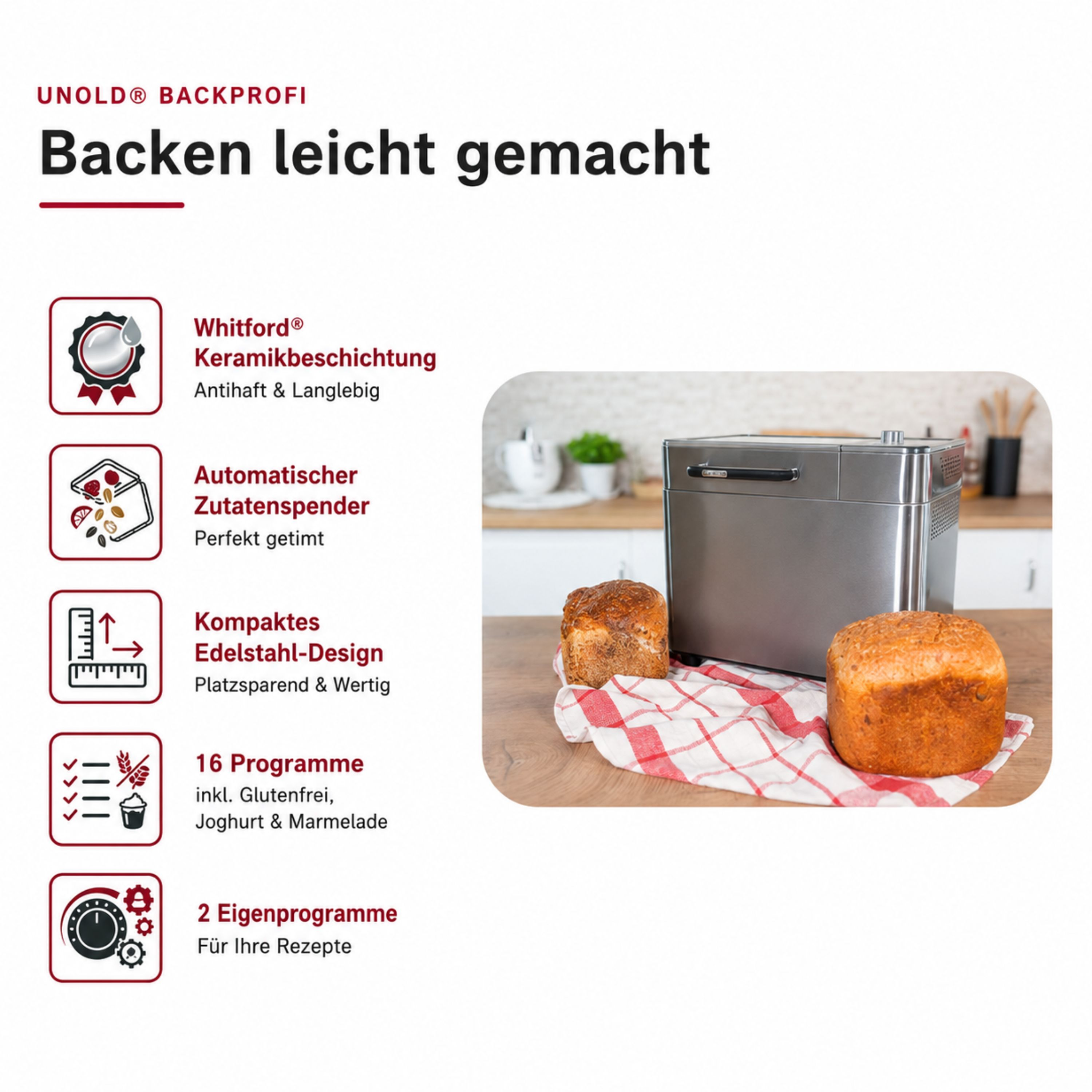 Ein Unold Brotbackautomat mit zwei gebackenen Broten auf einem Holztisch.