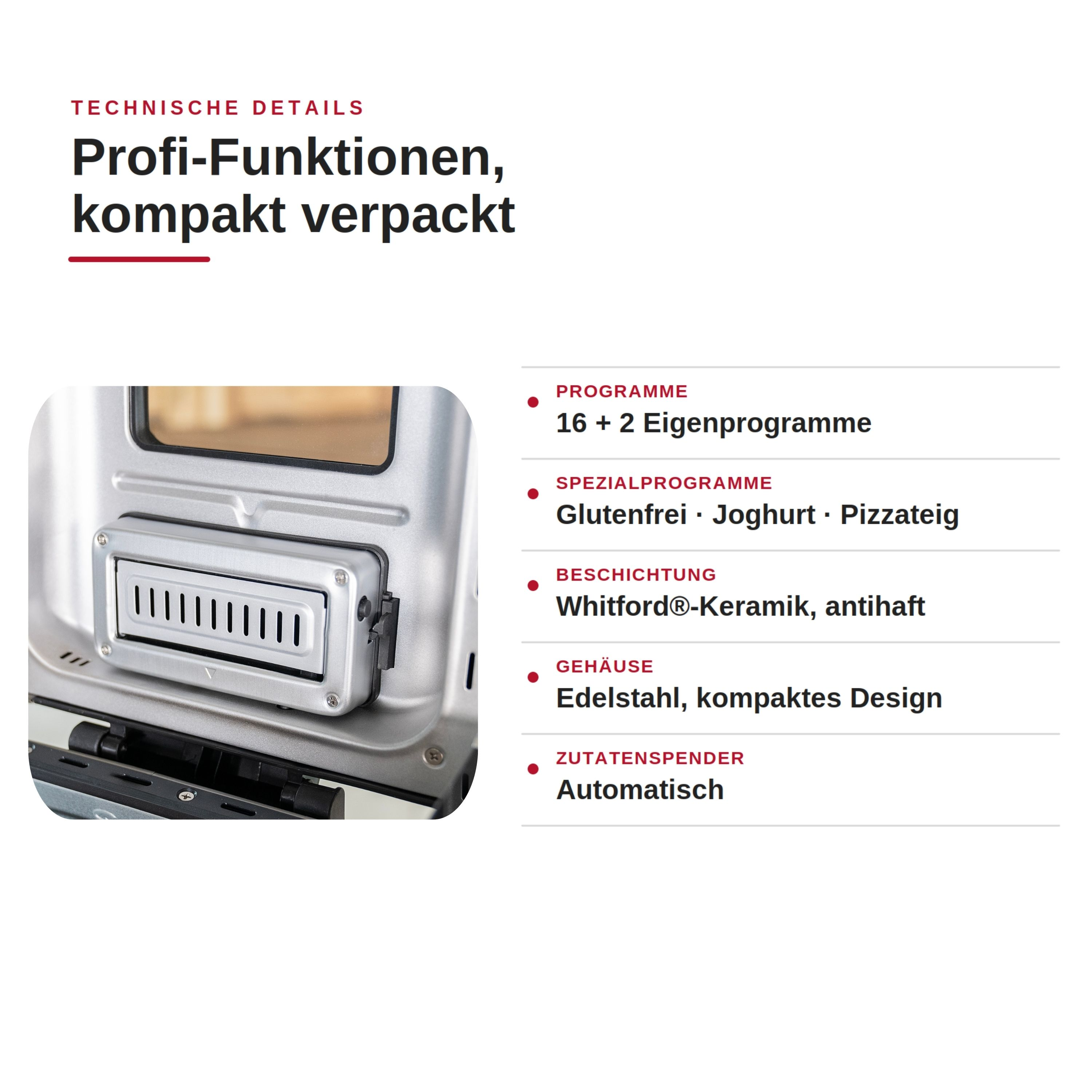 Ein Detail eines silbernen Geräts mit Lüftungsschlitzen. Technische Daten daneben.